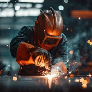 A welder wearing a mask and gloves while fabricating metal with a welding torch in a manufacturing setting.