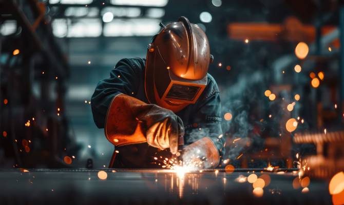 A welder wearing a mask and gloves while fabricating metal with a welding torch in a manufacturing setting.