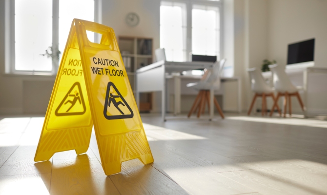 A bright yellow "Caution Wet Floor" sign sits on an office floor, with desks, chairs, and computers in the background.