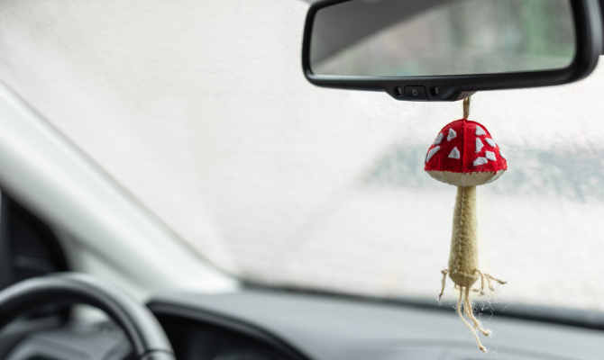 A red, white, and beige handsewn felt mushroom keychain dangling from the rearview mirror of a vehicle.