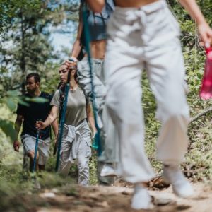 A low-to-the-ground shot of a group of four people trekking through a trail in the forest.