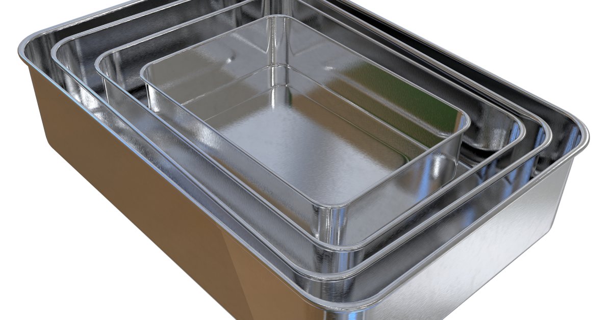 Four silver, rectangular bins of descending size sit inside one another. The background is white.