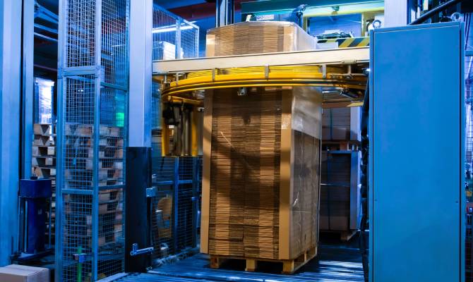 A large, blue manufacturing machine is wrapping a stack of flattened cardboard boxes with plastic wrap.