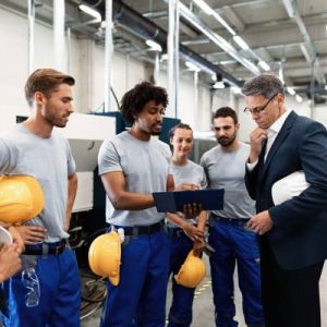 A man and woman in business suits speak with four people wearing blue pants and gray shirts in a factory.