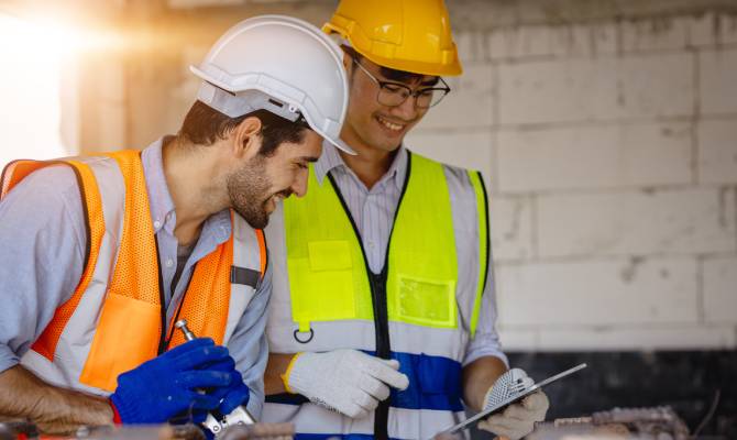 Two men wearing hard hats, vests, and safety gloves look at something on a tablet while working in a facility.