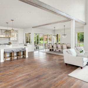 A full view of an open-concept kitchen and living room with transitional-modern decor and brand-new wood flooring.