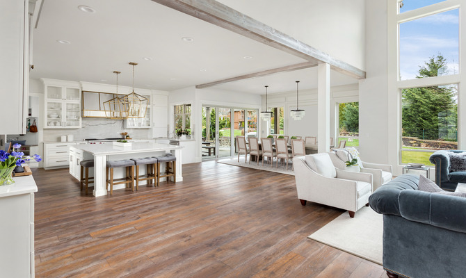 A full view of an open-concept kitchen and living room with transitional-modern decor and brand-new wood flooring.