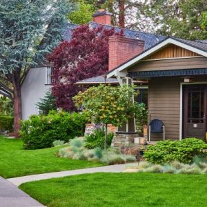 A front yard has thick green grass and ornamental shrubs and trees. An American flag is mounted near the front door.