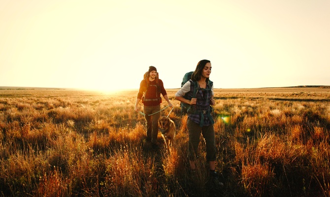 A couple hiking in the wilderness during the sunset. They're hiking through high grass in a remote area.