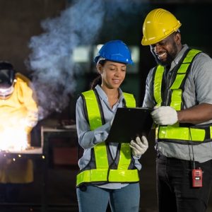 Two people wearing hard hats and hi-vis vests look at a clipboard. A welder stands behind them and welds something.