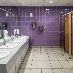 A public restroom features a long mirror and purple tile on the far wall. The stalls have wooden doors.