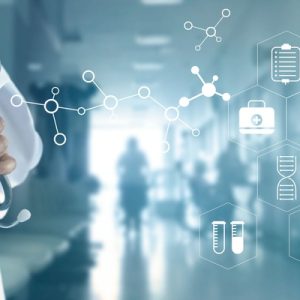 A person wearing a white robe holds a stethoscope with one hand. Multiple digital icons float off to the side.
