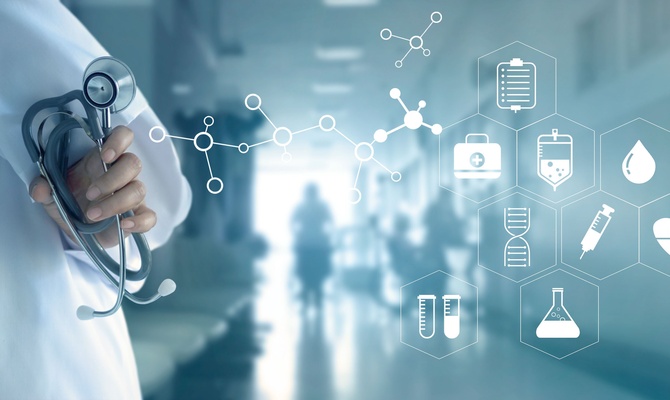 A person wearing a white robe holds a stethoscope with one hand. Multiple digital icons float off to the side.
