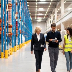 A man walks down the aisle of a warehouse, and a woman walks on either side of him. He is holding a tablet.