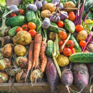 Cucumbers, tomatoes, onions, garlic, potatoes, carrots, and more fill a wooden box in an overflowing stack.