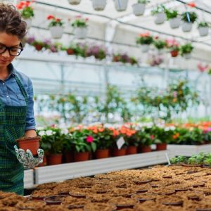 A woman in a large building is wearing an apron and gloves and works on some small pots containing different plants.