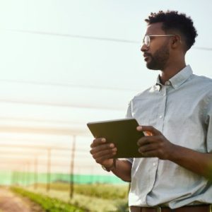 A Black male is on his tablet in the middle of a farm, looking at the plants around him. He's under a tent.