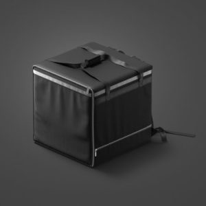 A black, square delivery bag with a silver zipper and black straps sits against a dark gray background.