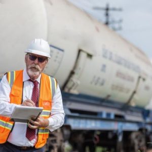 A senior male engineer in safety gear takes notes with a notepad during an inspection of a chemical tank railcar.