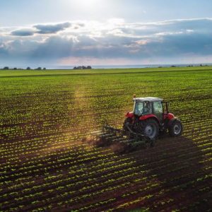 An aerial view of a red tractor cultivating a large field of green crops as the sun shines through the clouds.