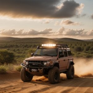 A modified brown off-roading SUV drives along a sandy road with greenery stretching across the land and mountains.
