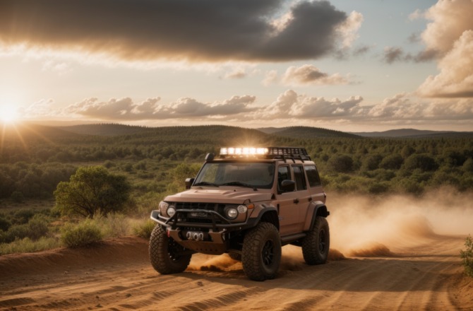 A modified brown off-roading SUV drives along a sandy road with greenery stretching across the land and mountains.