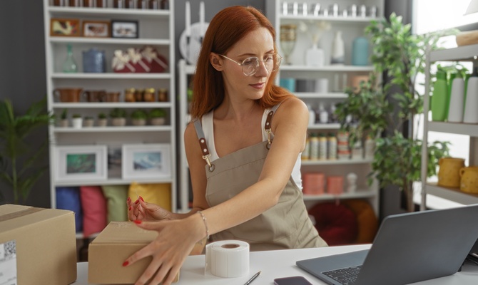 A woman packing a cardboard box beside a laptop, shelves, plants, and decorative items in a shop interior.