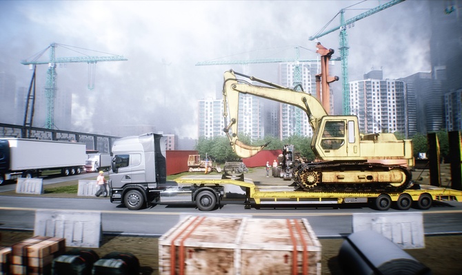 A semi hauling a large excavator on the back of a long trailer. Tall buildings and fog are behind the semi.