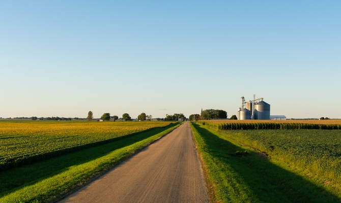 A rural road that leads toward a farm with several silos. Farming fields are on either side of the road.